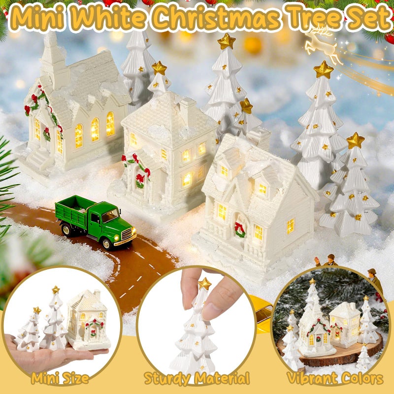 Bbiamsleep 9 Pcs Christmas Mini Village Sets White Resin Miniature Village Houses Trees Figurines Christmas Miniature Houses for Home Xmas Winter Decor - Image 5
