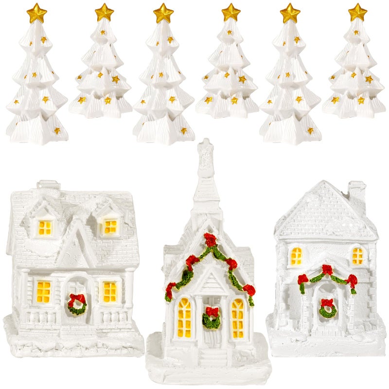 Bbiamsleep 9 Pcs Christmas Mini Village Sets White Resin Miniature Village Houses Trees Figurines Christmas Miniature Houses for Home Xmas Winter Decor - Image 1