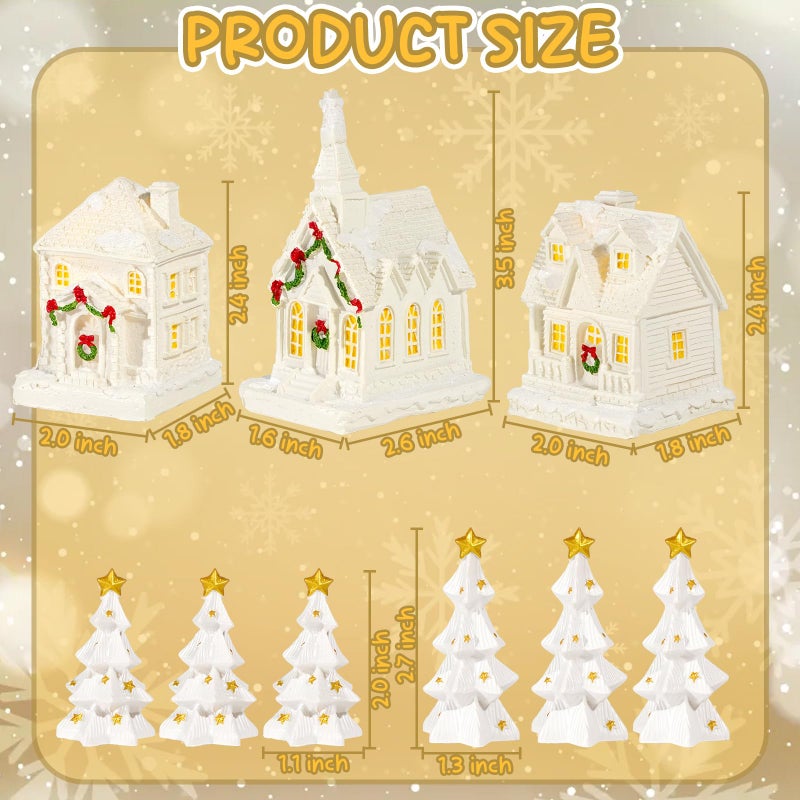 Bbiamsleep 9 Pcs Christmas Mini Village Sets White Resin Miniature Village Houses Trees Figurines Christmas Miniature Houses for Home Xmas Winter Decor - Image 2