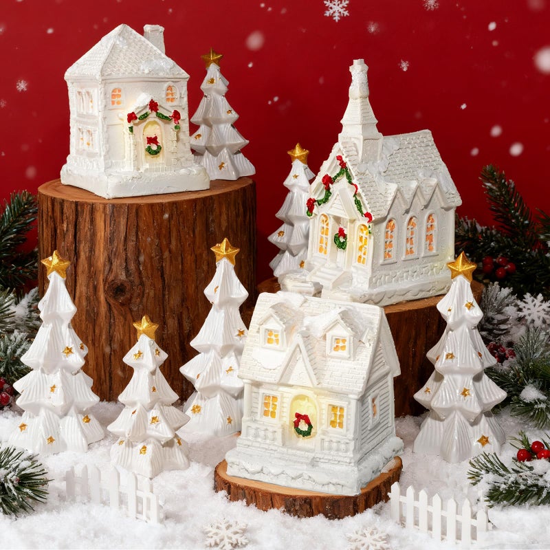 Bbiamsleep 9 Pcs Christmas Mini Village Sets White Resin Miniature Village Houses Trees Figurines Christmas Miniature Houses for Home Xmas Winter Decor - Image 4