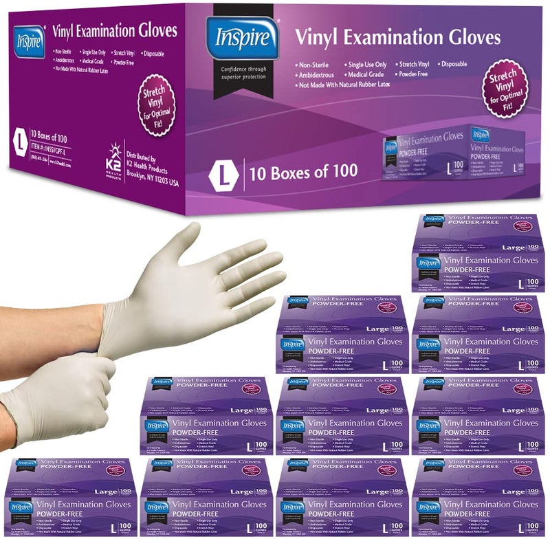 Inspire Stretch Vinyl Exam Gloves | THE ORIGINAL Quality Disposable Latex Free Medical Glove Cleaning Cooking Food Service Labs Healthcare and Household, Large 1000 Count - Image 1