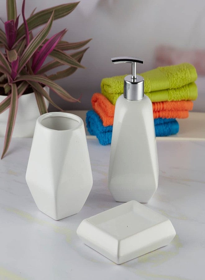 Kookee Ceramic Bathroom Set – Stylish 3 Piece Bath Accessories Kit with Liquid Handwash Soap Dispenser, Toothbrush Holder & Soap Dish – Modern & Designer Decor for Home & Guest Bathrooms,White (8128) - Image 3
