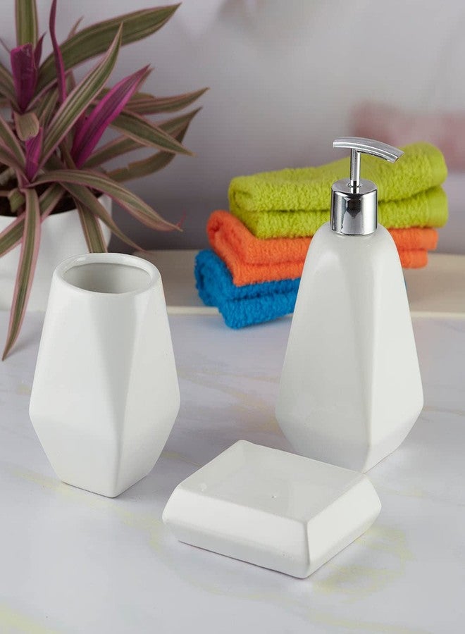 Kookee Ceramic Bathroom Set – Stylish 3 Piece Bath Accessories Kit with Liquid Handwash Soap Dispenser, Toothbrush Holder & Soap Dish – Modern & Designer Decor for Home & Guest Bathrooms,White (8128) - Image 1