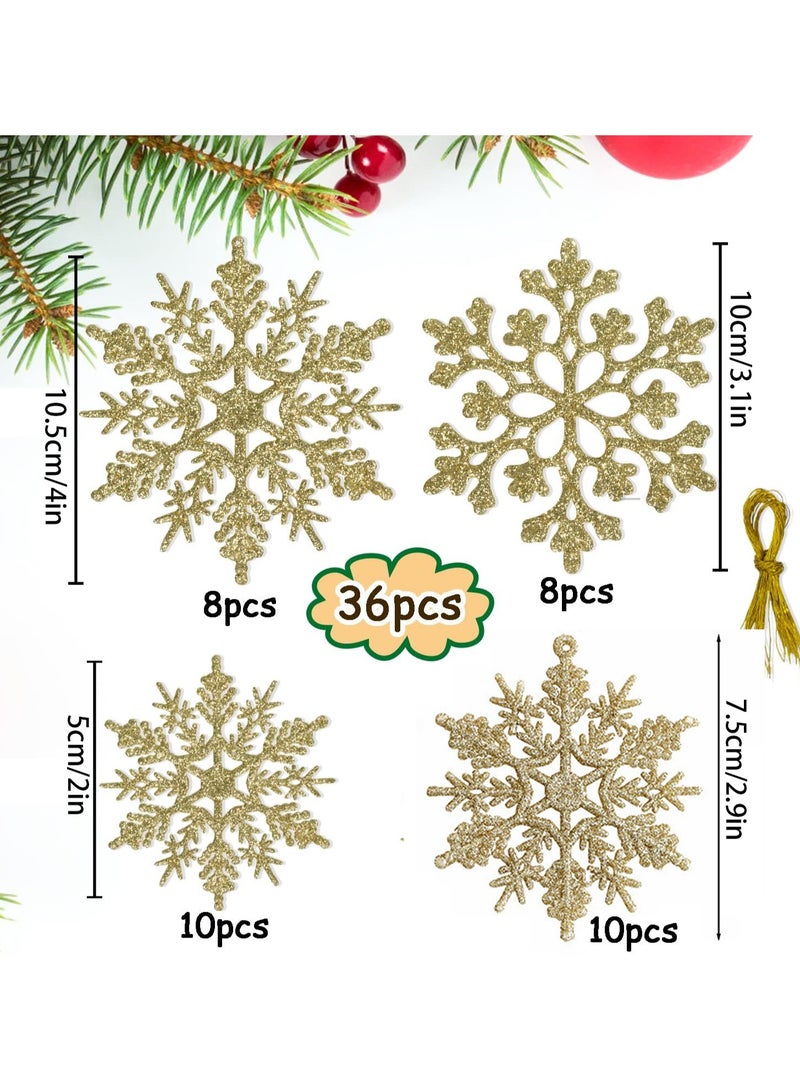 VUCATIN ٣٦ قطعة من زينة عيد الميلاد الذهبية على شكل رقاقات ثلج، زينة بلاستيكية لامعة على شكل رقاقات ثلج، مناسبة لزينة شجرة عيد الميلاد الشتوية. أحجام متنوعة، رقاقات ثلج حرفية - Image 3