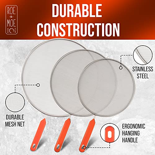 Roe & Moe Splatter Screens - Stainless Steel Splatter Screens for Frying Pan with Insulated Handles - Grease Splatter Guards For Frying Pan that Lets You Create Masterpieces with Ease (Pack of 3) - Image 3