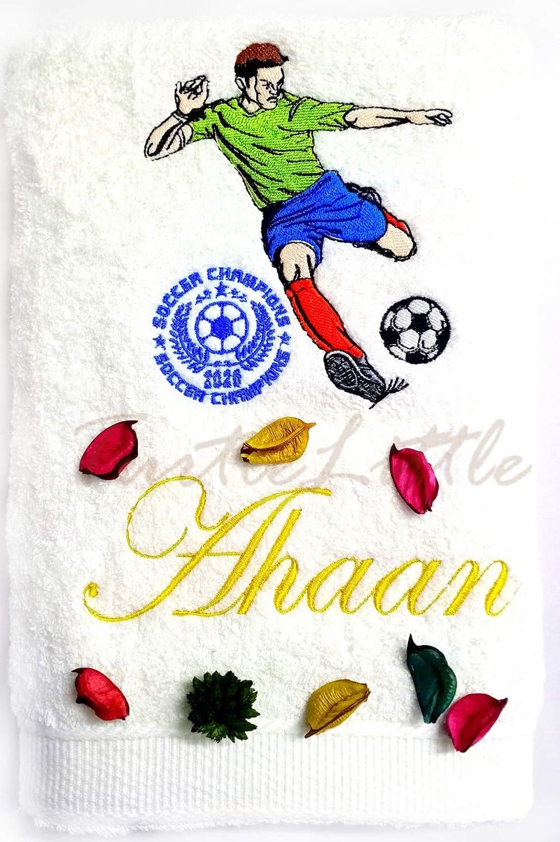 TurtleLittle 100 Cotton SoccerFootball Player Personalised Adult Bath Towel 600 GSM Set of 1 White - Image 1