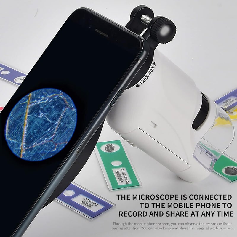 klarako Kids Handheld Microscope, High Definition 60x120x Zoom Portable Pocket Microscope with LED Light, School Biological Science Educational Toys Children Gift (White) - Image 4