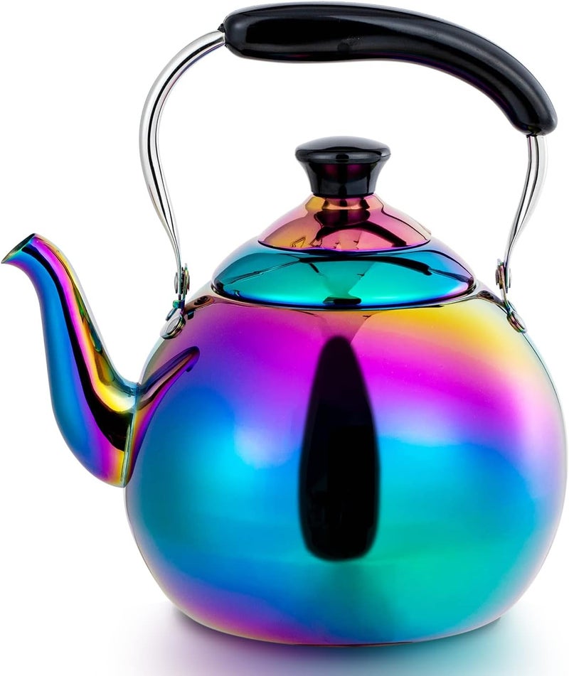 DINYWOW Whistling Tea Kettle for Stovetop Induction Stainless Steel Tea pot Whistle Kettles Gas Stove Top Fast Boiling Water Modern Rainbow Iridescent Color Mirror Finish 2 Quart - Image 1