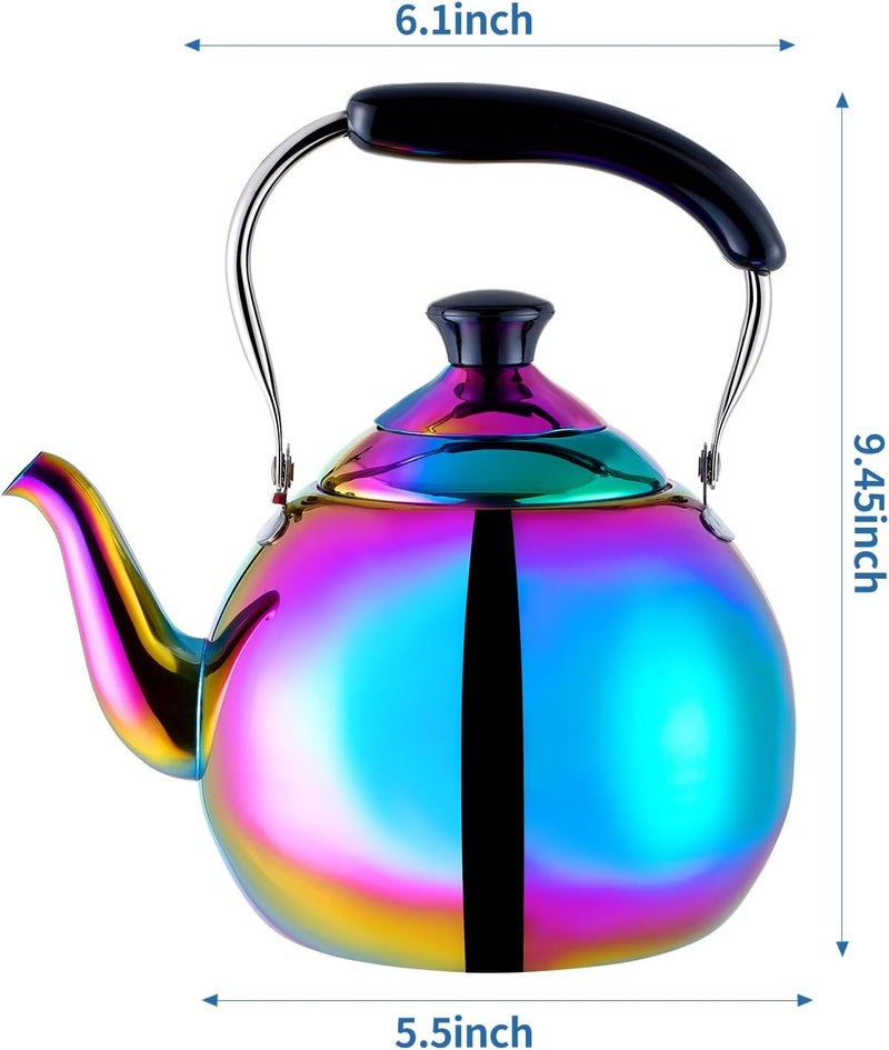 DINYWOW Whistling Tea Kettle for Stovetop Induction Stainless Steel Tea pot Whistle Kettles Gas Stove Top Fast Boiling Water Modern Rainbow Iridescent Color Mirror Finish 2 Quart - Image 2