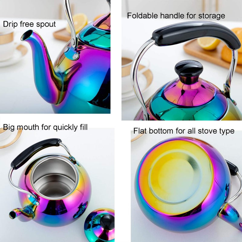 DINYWOW Whistling Tea Kettle for Stovetop Induction Stainless Steel Tea pot Whistle Kettles Gas Stove Top Fast Boiling Water Modern Rainbow Iridescent Color Mirror Finish 2 Quart - Image 4