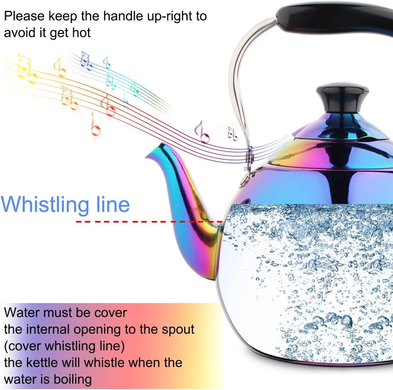 DINYWOW Whistling Tea Kettle for Stovetop Induction Stainless Steel Tea pot Whistle Kettles Gas Stove Top Fast Boiling Water Modern Rainbow Iridescent Color Mirror Finish 2 Quart - Image 3