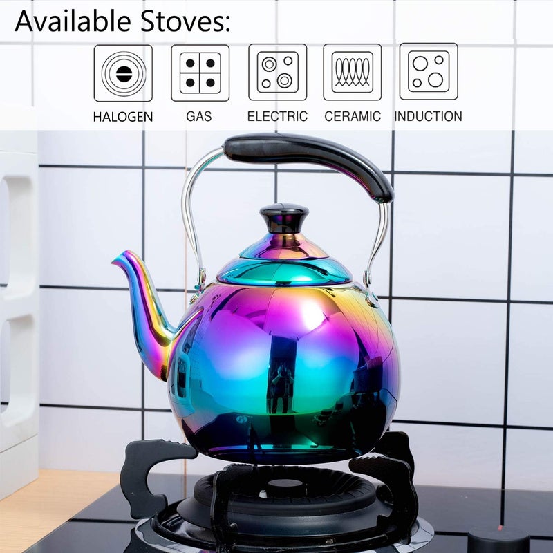 DINYWOW Whistling Tea Kettle for Stovetop Induction Stainless Steel Tea pot Whistle Kettles Gas Stove Top Fast Boiling Water Modern Rainbow Iridescent Color Mirror Finish 2 Quart - Image 5