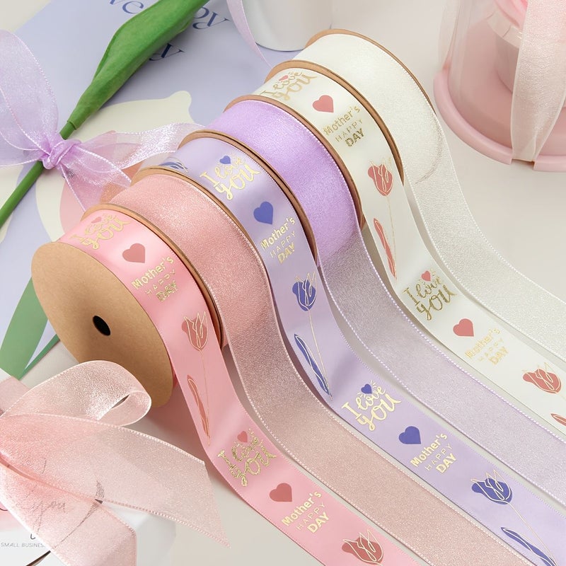 Beige Satin Ribbon 2 Rolls for Mother Day Gift Wrapping Flower Bouquet DIY Bows - Image 2