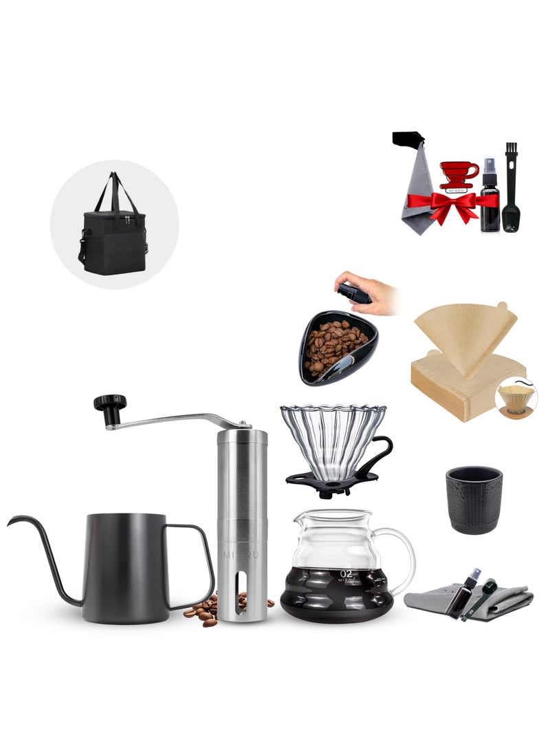 ميبرو طقم قهوة احترافي V60 - طقم اسبرسو من 8 قطع مع وعاء 600 ملم، متين لطاولة القهوة والمطبخ والتخييم (10 قطع)، الزجاج البورسليكات ادوات تحضير الاحترافية باريستا بالتنقيطa