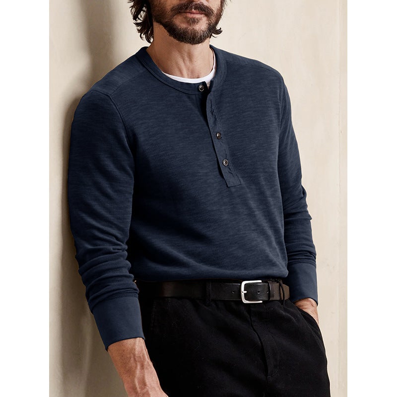 Autumn and Winter and Men''s Long-sleeved Crewneck T-shirt Foreign Trade Men''s Slim-fit Henry Shirt Casual Top - Image 2