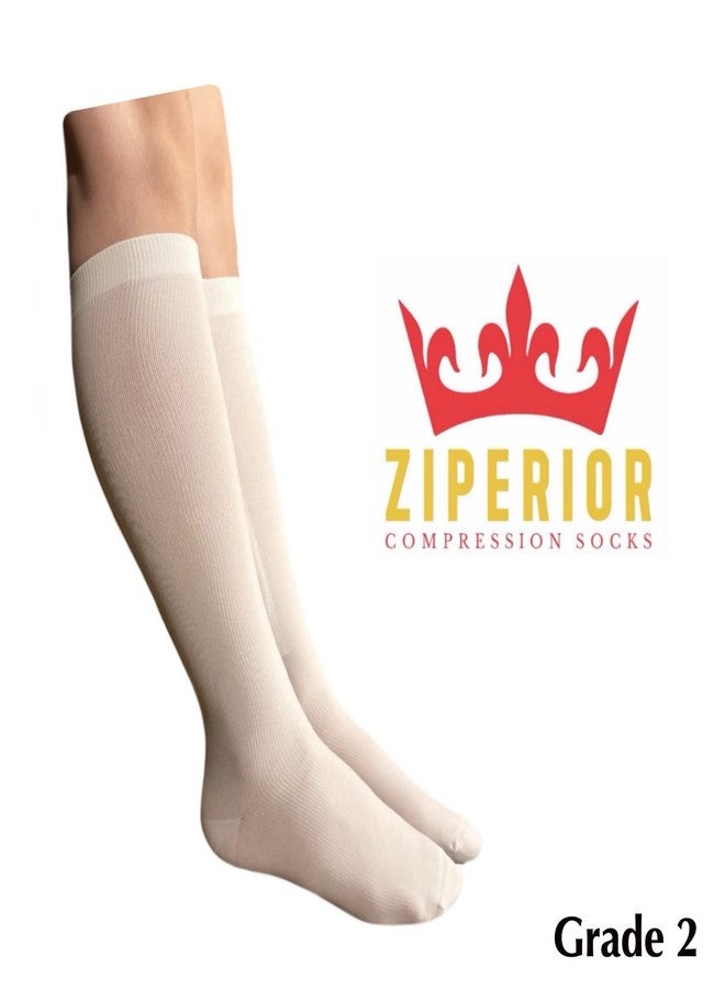 Ziperior جوارب Ziperior الداخلية للساق بسحاب 20-30 مم زئبق، درجة ضغط 2، لونان، مغلقة الأصابع (أبيض، كبير-كبير جدًا) - Image 2