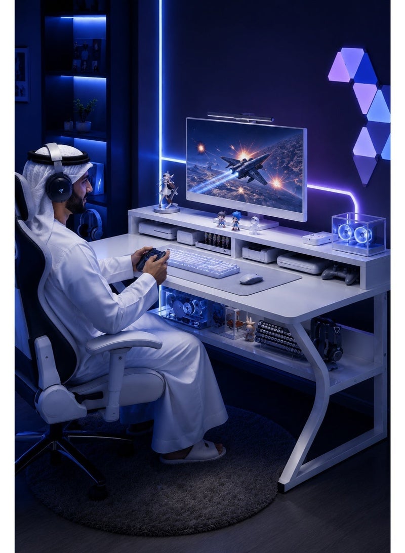 آه آه مكتب ألعاب مع رف، مكتب كمبيوتر 140 سم، طاولة ألعاب على شكل حرف C، محطة عمل ألعاب كمبيوتر، مكاتب منزلية، موفرة للمساحة، سهلة التركيب (أبيض، 140 × 60 × 75 سم) - Image 4