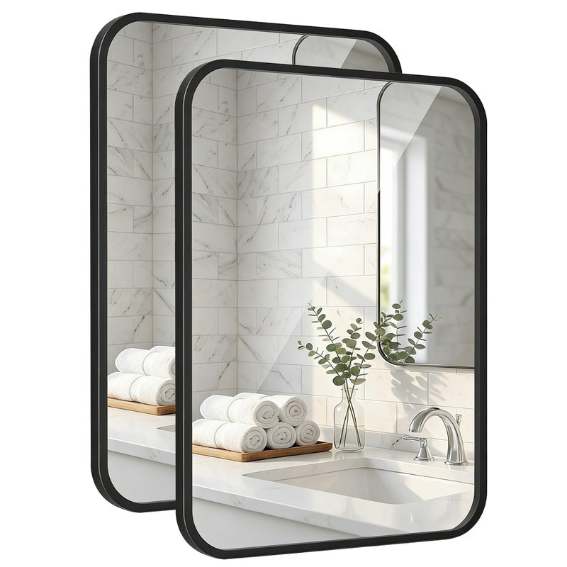 Pocetry 2 Pack Bathroom Mirrors for Over Sink, 24"x30" Matte Black Framed Vanity Mirror, Rounded Corner Rectangular Metal Mirror for Wall, Modern Farmhouse Industrial Decor - Image 1