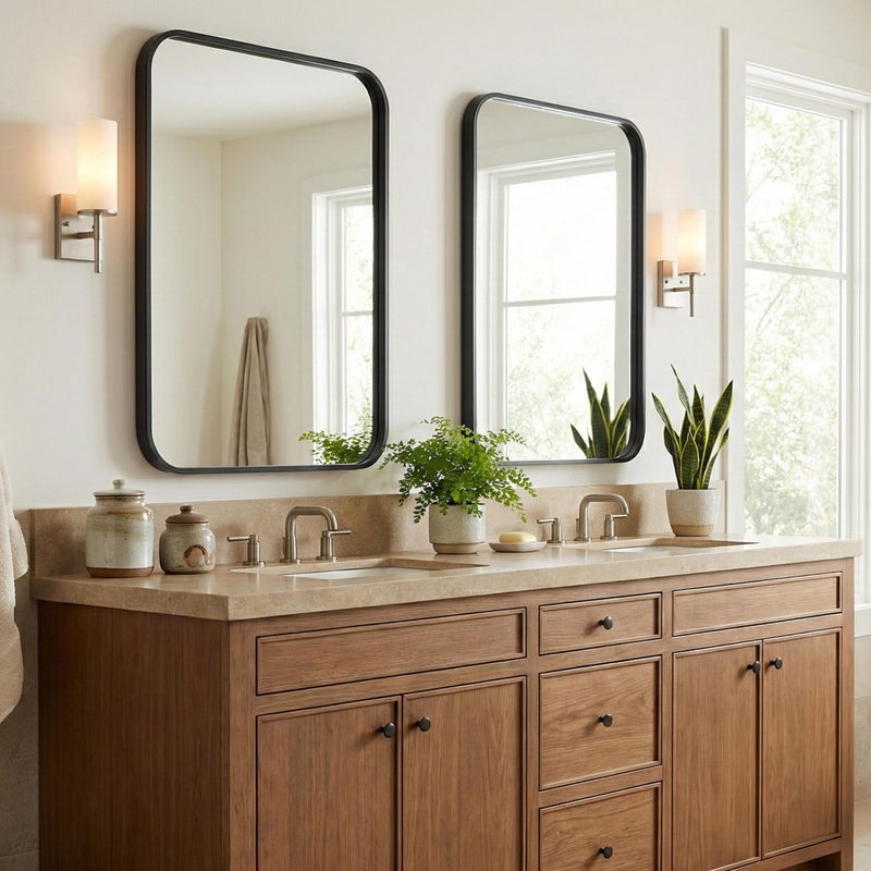 Pocetry 2 Pack Bathroom Mirrors for Over Sink, 24"x30" Matte Black Framed Vanity Mirror, Rounded Corner Rectangular Metal Mirror for Wall, Modern Farmhouse Industrial Decor - Image 2