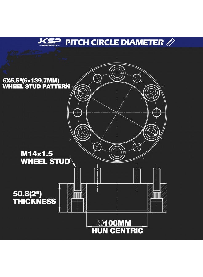KSP PERFORMANCE KSP 6x5.5 Wheel Spacers for Chevy Silverado GMC Sierra, 2inch 6x139.7mm Lug Centric Spacer for Suburban Express 1500 Escalade Yukon, 50mm Wheel Adapter 108mm Hub Bore with M14x1.5 Studs Black 4PCS - Image 1