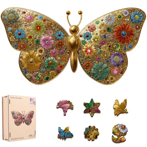 Mocfesk Wooden Puzzles for Adults Golden Butterfly Puzzles 206 Pieces Unique Shaped Jigsaw Puzzles for Adults and Kids Birthday Gifts Fun Family Game 138 x 74 - Image 1