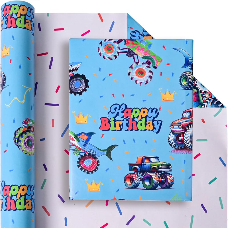 Vnaaem Reversible Monster Truck Birthday Wrapping Paper Roll for Boys Kids - Blue Shark Monster Truck & Colorful Confetti Design Gigt Wrap for Holiday Baby Shower DIY Craft Party - 17 in x 20 ft(Total 28.5sq.ft) - Image 2
