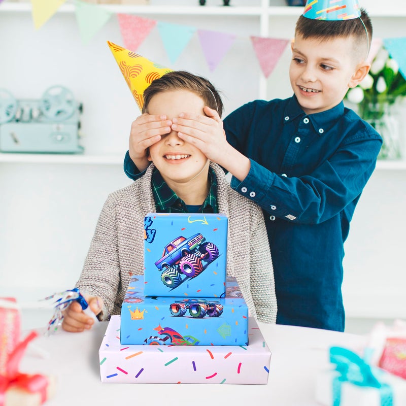 Vnaaem Reversible Monster Truck Birthday Wrapping Paper Roll for Boys Kids - Blue Shark Monster Truck & Colorful Confetti Design Gigt Wrap for Holiday Baby Shower DIY Craft Party - 17 in x 20 ft(Total 28.5sq.ft) - Image 5