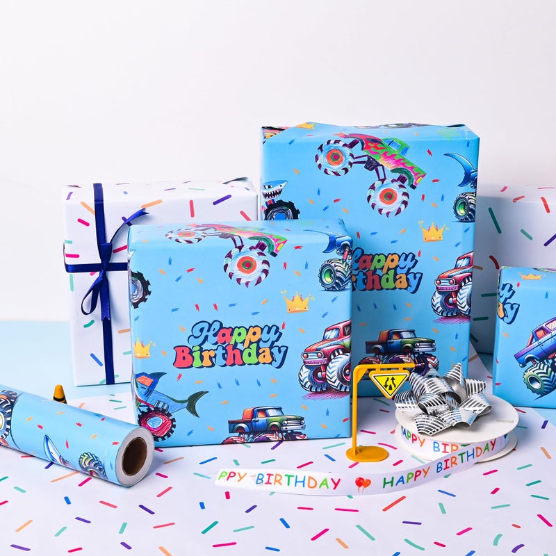 Vnaaem Reversible Monster Truck Birthday Wrapping Paper Roll for Boys Kids - Blue Shark Monster Truck & Colorful Confetti Design Gigt Wrap for Holiday Baby Shower DIY Craft Party - 17 in x 20 ft(Total 28.5sq.ft) - Image 3