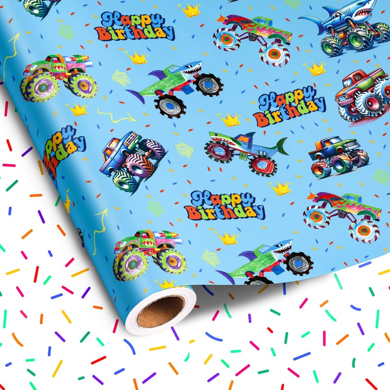 Vnaaem Reversible Monster Truck Birthday Wrapping Paper Roll for Boys Kids - Blue Shark Monster Truck & Colorful Confetti Design Gigt Wrap for Holiday Baby Shower DIY Craft Party - 17 in x 20 ft(Total 28.5sq.ft) - Image 1
