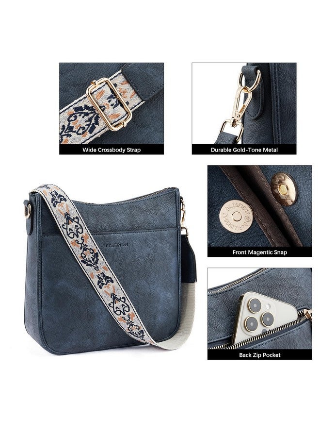 Bostanten BOSTANTEN Crossbody Bags for Women Trendy Vegan Leather Hobo Purses Shoulder Handbags With Wide Shoulder Strap Navy Blue - Image 5