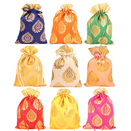Touchstone Fabric Gorgeous Indian Traditional Paisley Motif Floral Drawstring Bags Pouches Potli For Gift Wedding Jewelry Packaging Bridal Party Favors Colors Set Of 9 For Women. 7X5,Multicolor - Image 1