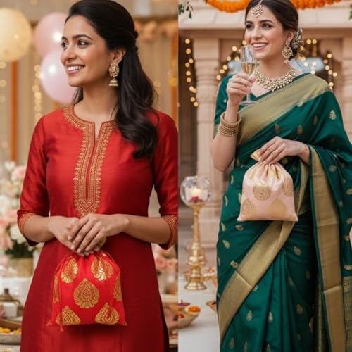 Touchstone Fabric Gorgeous Indian Traditional Paisley Motif Floral Drawstring Bags Pouches Potli For Gift Wedding Jewelry Packaging Bridal Party Favors Colors Set Of 9 For Women. 7X5,Multicolor - Image 3