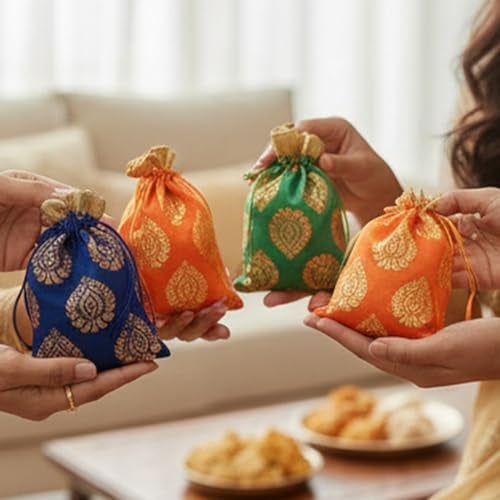 Touchstone Fabric Gorgeous Indian Traditional Paisley Motif Floral Drawstring Bags Pouches Potli For Gift Wedding Jewelry Packaging Bridal Party Favors Colors Set Of 9 For Women. 7X5,Multicolor - Image 5