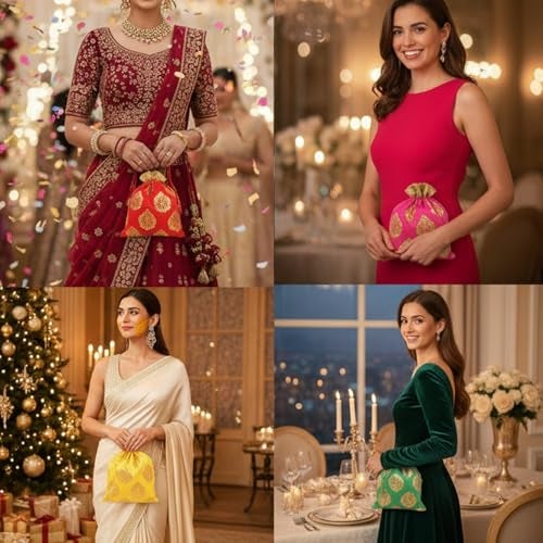 Touchstone Fabric Gorgeous Indian Traditional Paisley Motif Floral Drawstring Bags Pouches Potli For Gift Wedding Jewelry Packaging Bridal Party Favors Colors Set Of 9 For Women. 7X5,Multicolor - Image 2