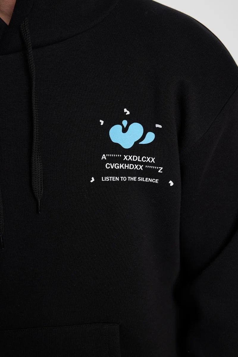 تودورس Unisex Oversize Wide Cut Cotton Soft Textured Polar Fleece Printed Black Hooded Sweatshirt