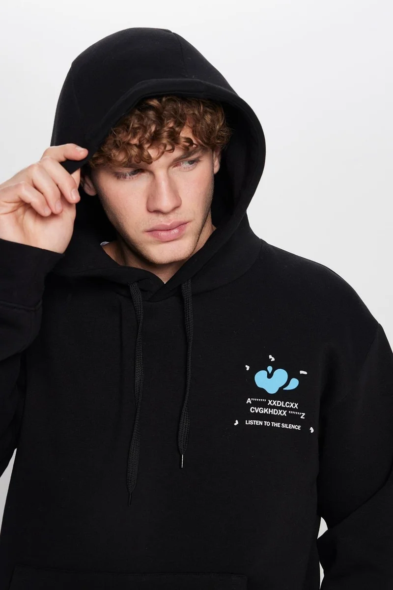 تودورس Unisex Oversize Wide Cut Cotton Soft Textured Polar Fleece Printed Black Hooded Sweatshirt