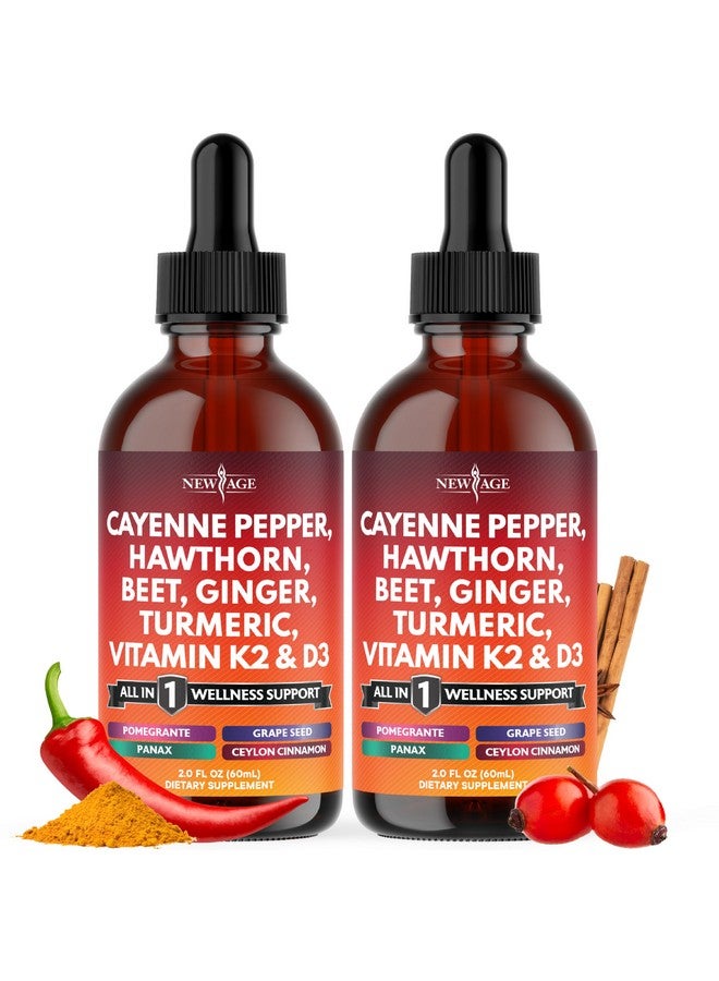 New Age Cayenne Pepper Supplement Liquid Drops + Hawthorn Berry, Vitamin D3 K2 Beet Root Powder, Ceylon Cinnamon, Turmeric Curcumin, Organic Panax Ginseng - 4oz - Image 1