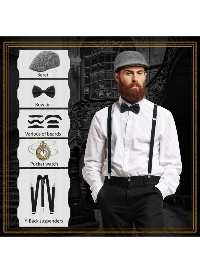 NajmStyle 1920s Gatsby Costume for Men, Men Fancy Dress Accessories Set 5 Pieces,1920s Men Accessories Set Includings Beret Hat, Adjustable Elastic Suspenders, Bow Tie, Vintage Pocket Watch for Cosplay 20s Themed Party Halloween - Image 2