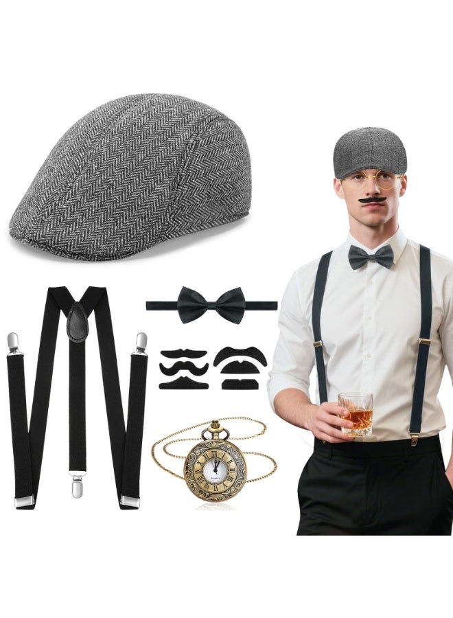 NajmStyle 1920s Gatsby Costume for Men, Men Fancy Dress Accessories Set 5 Pieces,1920s Men Accessories Set Includings Beret Hat, Adjustable Elastic Suspenders, Bow Tie, Vintage Pocket Watch for Cosplay 20s Themed Party Halloween - Image 1