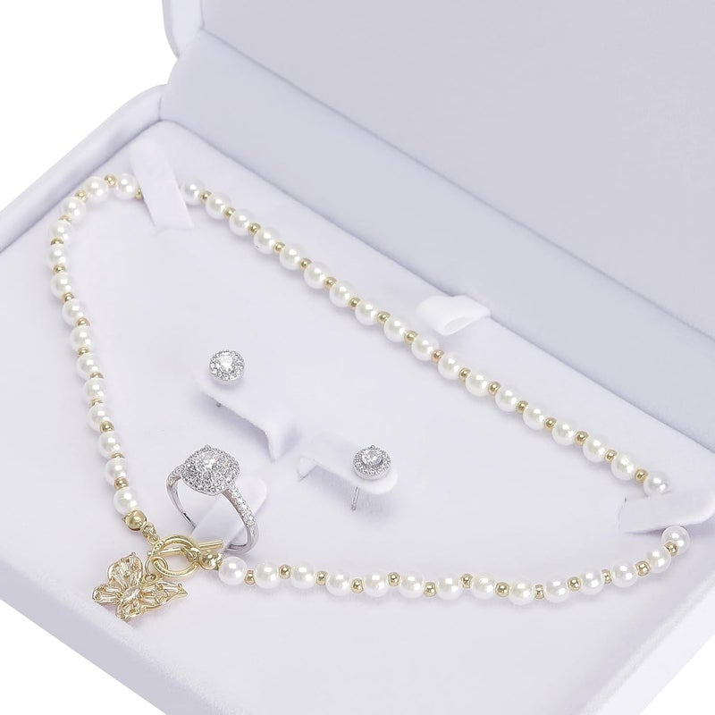 LETURE Large Velvet Jewelry Set Box, Big Necklace, Ring, Earring, Pendant Gift Box, Pearl/Chunky Necklace Storage Case (White) - Image 4
