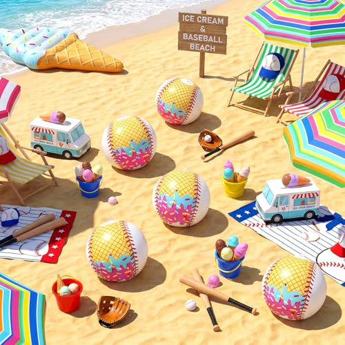 Civaner 12 Pcs Ice Cream Drip Baseball Themed Beach Ball 787 Bulk Summer Pool and Beach Game Gifts for Summer Ice Cream Baseball Party - Image 3