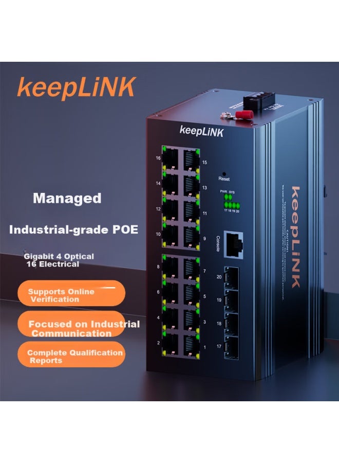 Keeplink Kp-9000-77-416gp/m Managed Industrial Poe Switch Gigabit 4 Optical 16 Electrical Din Rail Mount Metal Case Per Unit - Image 1