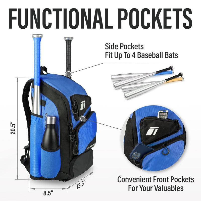 Tonesport Baseball Bag - Backpack for Baseball, Softball, Tball - Adults & Youth Bat Bag - Royal Blue - Image 5