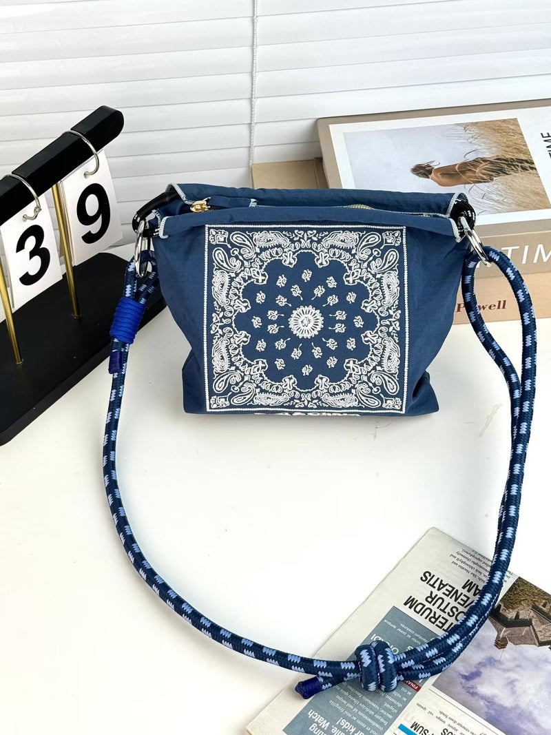 Factory Womens Small Bag Embroidered Mini Shoulder Bag Nylon Crossbody All-match Waist Bag Mini Cosmetic Bag Mobile Phone Bag Blue cashew flower