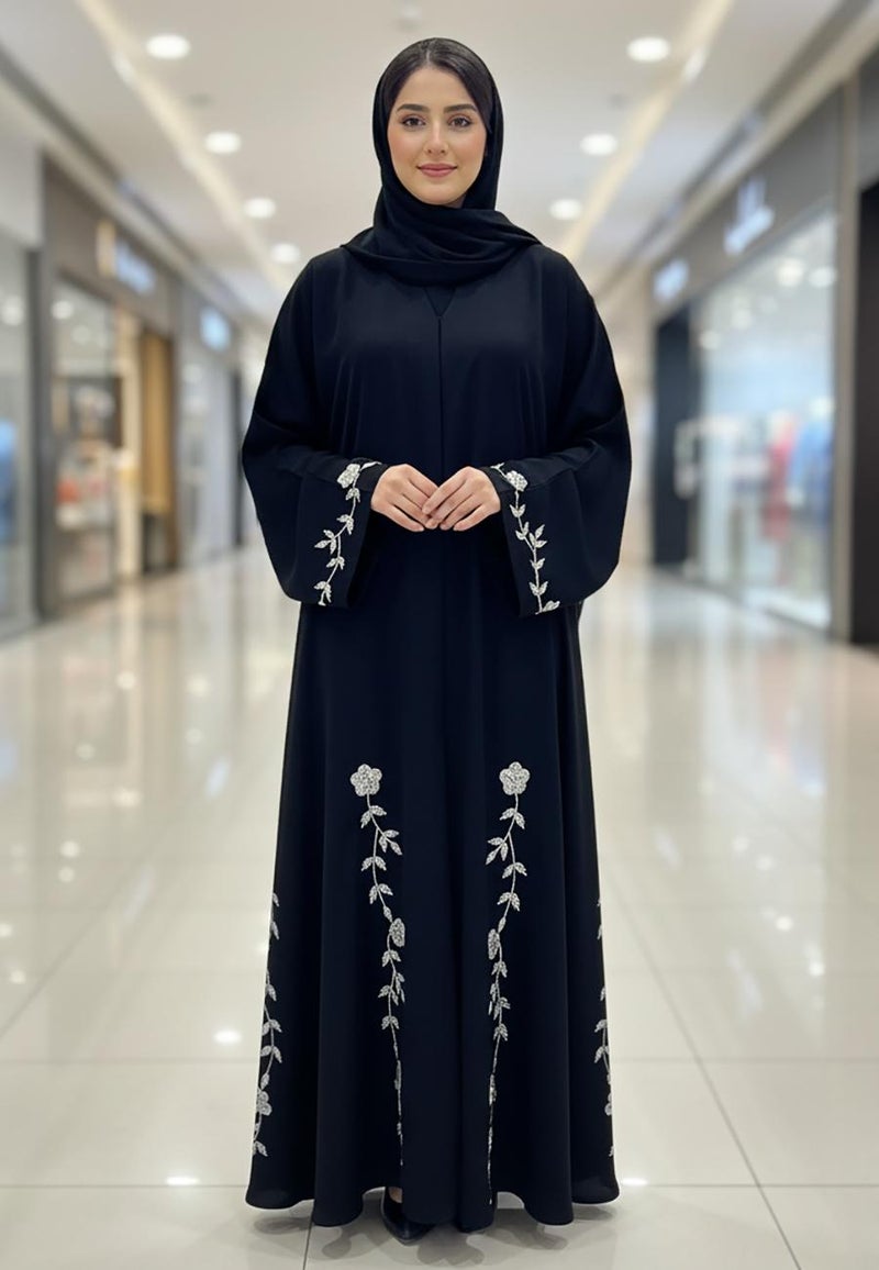 NUKHBAA The Desert Rose Abaya | White Floral Embroidery on Premium Nida-814 - Image 1