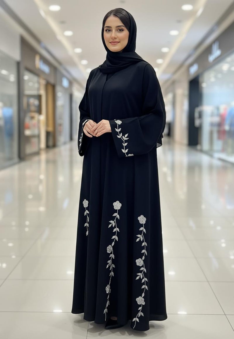 NUKHBAA The Desert Rose Abaya | White Floral Embroidery on Premium Nida-814 - Image 2