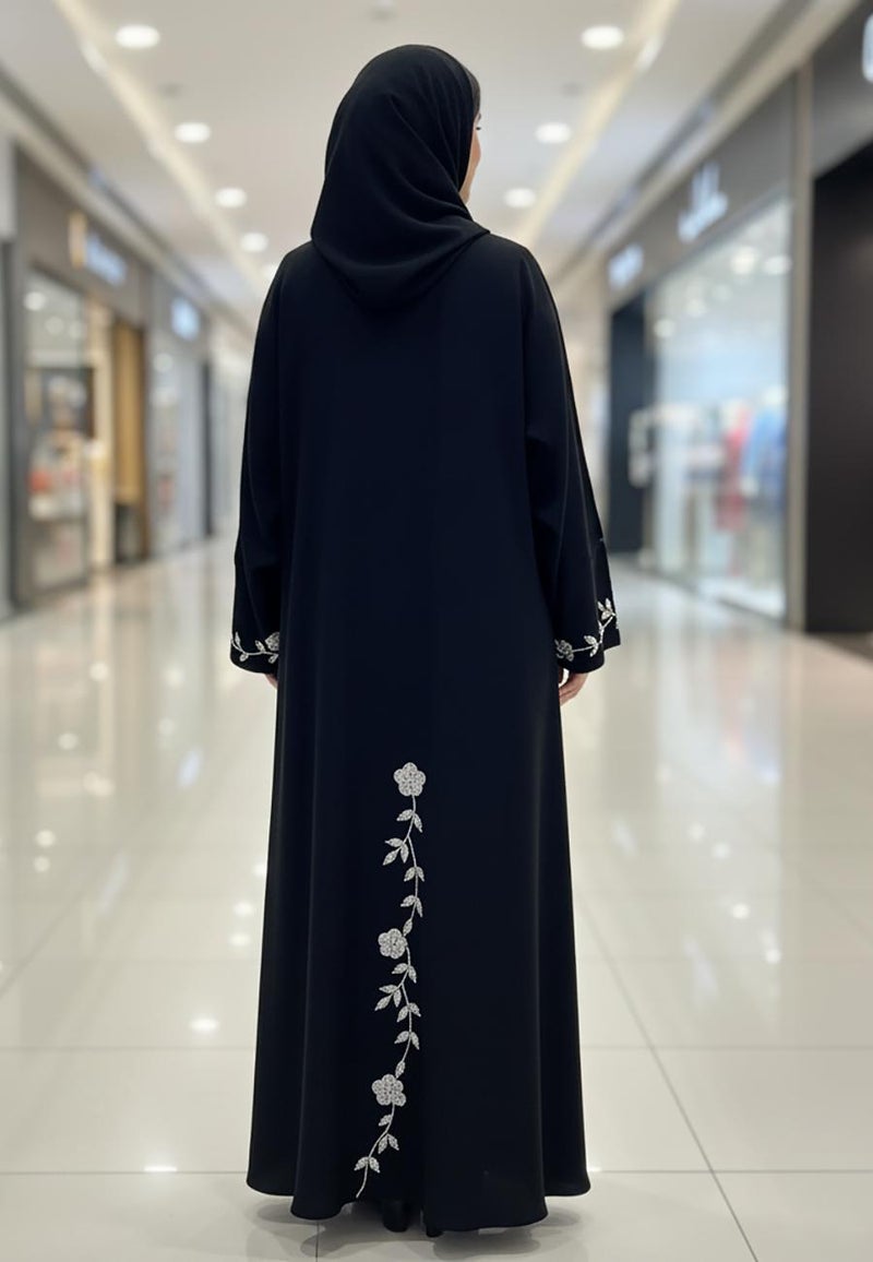 NUKHBAA The Desert Rose Abaya | White Floral Embroidery on Premium Nida-814 - Image 4