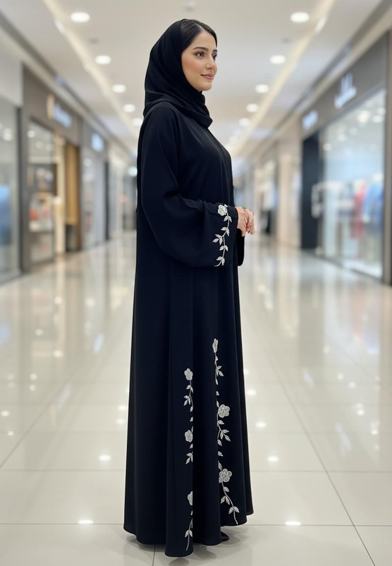 NUKHBAA The Desert Rose Abaya | White Floral Embroidery on Premium Nida-814 - Image 3