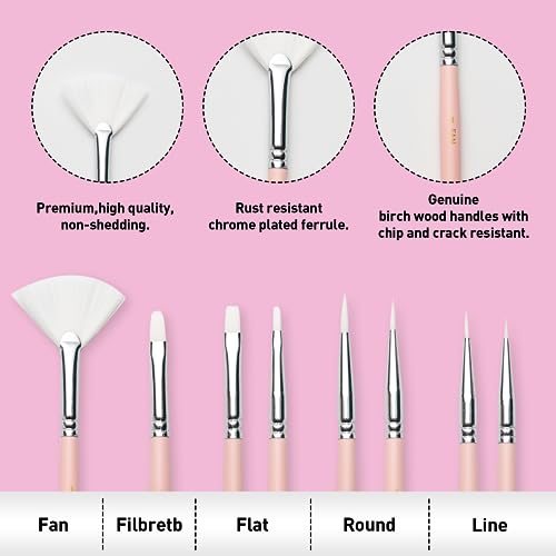 HIMI Paint Brushes Set 8 Pcs for Acrylic Oil Gouache Paint，2 Flat & 2 Round & 2 Liner &1 Filbret &1 Fan, 8pcs Brushs, Interesting Designed Nice Gift for Art hobbyist Beginners Artists (Pink,8Pcs) - Image 2