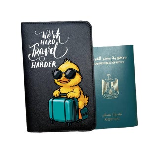 Passport cover- Artificial leather- Black- One sided printing-English quote-Work hard travel harder, We print your gift